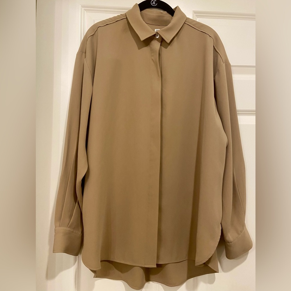 Toteme Contemporary Minimalist Quiet Luxury Tan Button Down Top